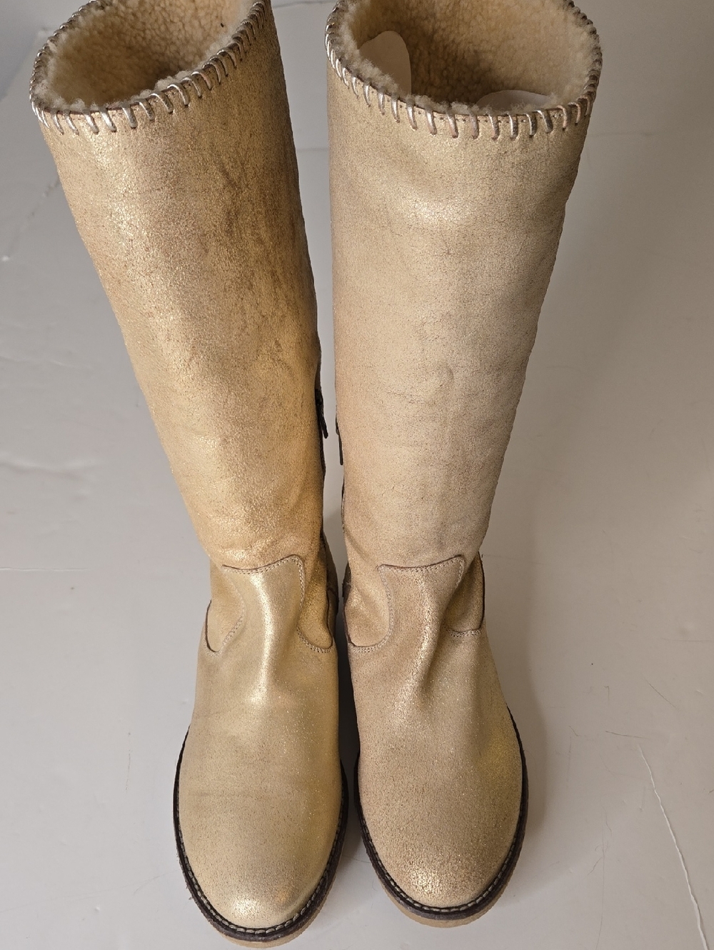 Trask Ariana Women Metallic Beige Leather Shearling Zip Winter Tall Boots Sz 11